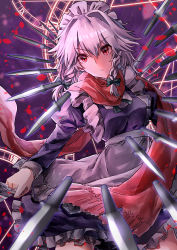 Rule 34 | 1girl, apron, between fingers, blood, bow, braid, cowboy shot, green bow, grey hair, hair bow, highres, holding, holding knife, izayoi sakuya, juliet sleeves, knife, long sleeves, maid, maid headdress, mizudori (msarasoju), open mouth, puffy sleeves, red eyes, red scarf, roman numeral, scarf, short hair, solo, touhou, twin braids, v-shaped eyebrows, waist apron, white apron