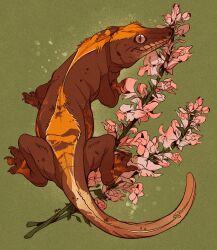 Rule 34 | animal, animal focus, branch, brown eyes, commentary, commission, english commentary, flower, full body, gecko, green background, highres, looking at viewer, no humans, original, pink flower, rentgraham, reptile, simple background, slit pupils, snapdragon, solo