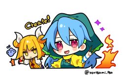 Rule 34 | 2girls, :&lt;, ^^^, apron, aura, between fingers, blonde hair, blue hair, blunt bangs, blush stickers, chibi, commentary request, cropped torso, double bun, dress, eighth note, english text, green headwear, hair between eyes, hair bun, hair ribbon, hand up, haniwa (statue), haniyasushin keiki, head scarf, holding, jewelry, joutouguu mayumi, long hair, looking at viewer, magatama, magatama necklace, multiple girls, musical note, necklace, open mouth, ribbon, salute, shirt, short hair, short sleeves, smile, sparkle, tools, touhou, twitter username, upper body, vambraces, white ribbon, white shirt, yellow dress, yellow eyes, yoriteruru