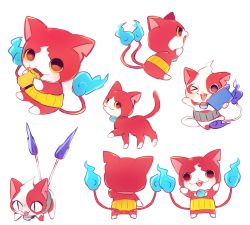 Rule 34 | &gt; o, 10s, akamaru (youkai watch), buchinyan, candy, candy bar, cat, eating, fangs, flame-tipped tail, food, from behind, haramaki, jibanyan, makoto (konbumi), multiple tails, no humans, notched ear, one eye closed, open mouth, simple background, slit pupils, tablet pc, tail, traditional youkai, two tails, white background, youkai pad, youkai watch, youkai watch 2