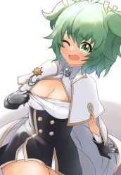 Rule 34 | 1girl, amai nekuta, antenna hair, arm support, assault lily, black dress, black gloves, breasts, buttons, cape, cleavage, cleavage cutout, clothes pull, clothing cutout, collared dress, cowboy shot, dress, dress pull, fang, gloves, gradient background, green eyes, green hair, grey background, hair between eyes, hair ribbon, hand up, highres, hot, layered gloves, looking at viewer, medium breasts, official alternate costume, one eye closed, open mouth, pulling own clothes, raised eyebrows, ribbon, short dress, short hair, solo, sweat, two-tone dress, two side up, wavy mouth, white background, white cape, white dress, yellow ribbon, yoshimura thi mai