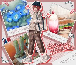 Rule 34 | 1boy, :d, alternate costume, bag, battery indicator, black hat, blue flower, brown pants, brown sweater vest, bucket hat, cactus, character doll, floral print, flower, food, fruit, full body, hair between eyes, half updo, hanasaki miyabi, hat, heart, highres, holostars, ice cream, ice cream float, long sleeves, looking at viewer, male focus, nemophila (flower), ninahachi, open mouth, outline, outside border, pants, photo (object), plaid, plaid pants, plant, polka dot, polka dot background, potted plant, recording, red hair, sandwich, shirt, shoes, short hair, shoulder bag, sleeves past wrists, smile, sneakers, solo, spoken heart, strawberry, sweater vest, viewfinder, virtual youtuber, white footwear, white outline, white shirt, yellow eyes