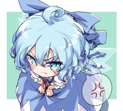 Rule 34 | 1girl, :t, ahoge, anger vein, blue bow, blue dress, blue eyes, blue hair, bow, cirno, closed mouth, commentary request, dress, green background, hair bow, ice, ice wings, isu (is88), looking at viewer, pout, short hair, short sleeves, solo, spoken anger vein, touhou, wings