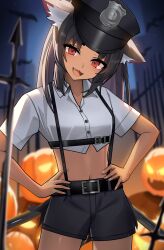 1girl absurdres alternate_costume animal_ear_fluff animal_ears belt black_belt black_hair black_shorts cat_ears cat_girl dark-skinned_female dark_skin halloween highres long_hair looking_at_viewer navel nekomiya_mana open_mouth outdoors parted_bangs pumpkin red_eyes shorts sidelocks smile solo thomas_8000 zenless_zone_zero