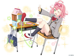Rule 34 | 1girl, ;3, ;d, arm up, badge, bag, black socks, blazer, blush, book, book stack, bow, bowtie, breast pocket, brown skirt, buttons, chair, collared shirt, company name, desk, dress shirt, eraser, fang, full body, green bow, green eyes, grey jacket, hair bow, hairband, heart, jacket, kneehighs, knees up, long sleeves, looking at viewer, loose bowtie, mary janes, medium hair, monmusu harem, monmusume-harem, namaru (summer dandy), notebook, official art, one eye closed, open mouth, outstretched arm, pencil, pencil case, pink hair, pink hairband, plaid, plaid skirt, pocket, red bow, red bowtie, school bag, school chair, school desk, school uniform, shirt, shoes, sitting, skirt, sleeves past wrists, smile, snake, snake hair, socks, solo, sparkle, star (symbol), striped, striped bow, sweater, uwabaki, v, white background, white footwear, white shirt, yellow sweater