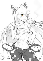 Rule 34 | 1girl, bow, breasts, chest sarashi, cigarette, collarbone, contrapposto, cowboy shot, fujiwara no mokou, greyscale, hair bow, half-closed eye, hand on own hip, highres, hip vent, holding, holding clothes, long hair, looking at viewer, monochrome, navel, neck, no panties, pants, raptor7, red eyes, sarashi, unworn shirt, simple background, smoking, solo, spot color, standing, stomach tattoo, suspenders pull, tattoo, touhou, uneven eyes, very long hair, white background, wind
