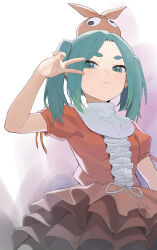 Rule 34 | 1girl, absurdres, breasts, closed mouth, dress, frilled dress, frills, googly eyes, green eyes, green hair, highres, looking at viewer, monogatari (series), ononoki yotsugi, orange dress, orange headwear, petite, puffy short sleeves, puffy sleeves, q haoyu, short eyebrows, short sleeves, sidelocks, simple background, small breasts, solo, thick thighs, thighs, twintails, v, v over eye