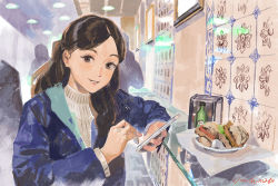 Rule 34 | 1girl, black eyes, black hair, blue jacket, food, hair behind ear, jacket, long hair, long sleeves, looking at viewer, original, parted lips, plate, reflection, signature, smile, solo, sweater, umishima senbon, upper body, white sweater