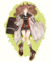 Rule 34 | 1girl, absurdres, angelina (arknights), animal ears, arknights, bag, black footwear, black gloves, black shirt, black shorts, black socks, brown hair, closed mouth, coat, duffel bag, envelope, fox ears, from above, full body, gloves, grass, hairband, highres, holding, holding envelope, jacket, kneehighs, long hair, long sleeves, looking at viewer, looking up, lying, on back, on grass, on ground, open clothes, open coat, open jacket, red eyes, red jacket, shirt, shoes, short shorts, shorts, smile, sneakers, socks, solo, twintails, two-tone hairband, white coat, yayashikailixiaojietoushangdexingxing