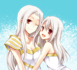 Rule 34 | 2girls, :d, ;), bad id, bad pixiv id, blush, breasts, cleavage, collarbone, fate/zero, fate (series), illyasviel von einzbern, irisviel von einzbern, irisviel von einzbern (angel&#039;s song), kubyou azami, looking at viewer, medium breasts, mother and daughter, multiple girls, one eye closed, open mouth, red eyes, silver hair, smile, wink