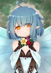 Rule 34 | 1girl, ahoge, bare shoulders, blue hair, breasts, character request, cleavage, closed mouth, dress, empty eyes, fate/grand order, fate (series), flower, head tilt, highres, i.u.y, looking at viewer, orange eyes, pointy ears, purple flower, purple rose, red flower, red rose, rose, short hair, small breasts, smile, solo, upper body, white dress
