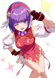 Rule 34 | &gt; &lt;, 1girl, :d, asamiya athena, blunt bangs, breasts, dougi, earrings, fingerless gloves, gloves, hair ornament, hairband, hand on own hip, highres, jewelry, knees together feet apart, looking at viewer, medium breasts, one eye closed, open mouth, purple hair, red hairband, smile, snk, solo, star (symbol), star hair ornament, the king of fighters, xd, yagi2013