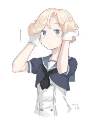 Rule 34 | 1girl, :o, alternate hairstyle, arrow (symbol), black neckerchief, blonde hair, blue sailor collar, blush, crop top, cropped torso, dated, dress, gloves, hair lift, hikashima (shiofune), janus (kancolle), kantai collection, looking at viewer, neckerchief, parted lips, sailor collar, short hair, short sleeves, signature, simple background, solo, upper body, white dress, white gloves