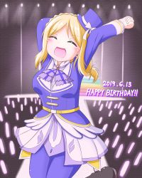 Rule 34 | 1girl, 2019, artist name, artist request, black feathers, black footwear, blonde hair, blue dress, blue hat, boots, braid, brightest melody, closed eyes, crown braid, dress, feathers, female focus, full body, hair rings, hat, long hair, long sleeves, looking at viewer, love live!, love live! school idol festival, love live! sunshine!!, love live! sunshine!! the school idol movie over the rainbow, mini hat, ohara mari, outstretched arms, pants, purple dress, purple hat, purple pants, short hair, sidelocks, smile, solo, star (symbol), yellow eyes