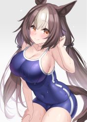 Rule 34 | alternate costume, animal ears, blue one-piece swimsuit, blush, breasts, brown eyes, brown hair, cleavage, commentary request, hand on own thigh, highres, horse ears, horse tail, kibihimi, large breasts, long hair, looking at viewer, low twintails, one-piece swimsuit, school uniform, simple background, smile, swimsuit, tail, thighs, twintails, umamusume, wet, white background, yamanin zephyr (umamusume)