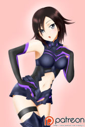 Rule 34 | 1girl, :o, armor, armpits, bare shoulders, black armor, black dress, black gloves, black greaves, black hair, black leotard, blush, breastplate, breasts, breasts apart, brown hair, clothing cutout, contrapposto, cosplay, cowboy shot, dress, elbow gloves, eyes visible through hair, fate/grand order, fate (series), faulds, female focus, flipped hair, gloves, gorget, gradient background, greaves, grey eyes, hair over one eye, halterneck, hand on own hip, hand on own chest, hand up, head tilt, highres, impossible clothes, kimmy77, leaning to the side, legband, legs together, leotard, logo, looking at viewer, mash kyrielight, mash kyrielight (cosplay), medium breasts, midriff, multicolored clothes, multicolored gloves, navel, navel cutout, open mouth, patreon logo, pink background, purple gloves, raised eyebrows, round teeth, ruby rose, rwby, short dress, short hair, sideboob, skin tight, sleeveless, sleeveless dress, solo, standing, teeth, thigh strap, thighhighs, turtleneck, type-moon, watermark, web address