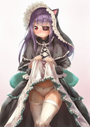 Rule 34 | 10s, 1girl, animal ears, arms up, black dress, black hair, black hat, blunt bangs, blush, bow, bow panties, capelet, cat ears, closed mouth, clothes lift, commentary request, dress, dress lift, eyebrows, eyepatch, frilled dress, frilled sleeves, frills, frown, gothic lolita, hat, highres, kyon (kyouhei-takebayashi), lace, lace-trimmed panties, lace trim, lifting own clothes, lolita fashion, long hair, mirai (senran kagura), nose blush, one eye covered, panties, red bow, red eyes, senran kagura, solo, thighhighs, underwear, white background, white panties, white thighhighs