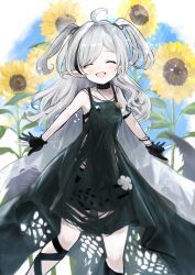 Rule 34 | 1girl, :d, ^ ^, ahoge, arknights, bare shoulders, black dress, black gloves, black hair, breasts, closed eyes, commentary request, crocodilian tail, dress, eyes visible through hair, facing viewer, flower, gloves, grey hair, hair over one eye, highres, kataageteto, multicolored hair, open mouth, partially fingerless gloves, pointy ears, sleeveless, sleeveless dress, small breasts, smile, solo, streaked hair, sunflower, tail, tomimi (arknights), two side up, yellow flower