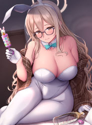 Rule 34 | 1girl, akane (blue archive), akane (bunny) (blue archive), baby bottle, bare shoulders, blonde hair, blue archive, blue bow, blue bowtie, blush, bottle, bow, bowtie, breasts, brown eyes, brown scarf, cleavage, closed mouth, collarbone, crossed legs, detached collar, glasses, gloves, groin, hairband, halo, hand up, highres, holding, holding rattle, indoors, large breasts, leaning to the side, leotard, light brown hair, looking at viewer, melopun, milk, official alternate costume, pacifier, pantyhose, plaid, plaid scarf, playboy bunny, rattle, scarf, sitting, smile, solo, white gloves, white hairband, white leotard, white pantyhose