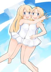 Rule 34 | 2girls, blonde hair, blue eyes, casual one-piece swimsuit, commentary request, dress, enjaku izuku, flat chest, full body, highres, hug, janus (kancolle), jervis (kancolle), kantai collection, long hair, looking at viewer, multiple girls, one-piece swimsuit, sailor dress, short hair, swimsuit, swimsuit skirt, white one-piece swimsuit