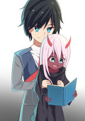 Rule 34 | 10s, 1boy, 1girl, absurdres, bad id, bad pixiv id, black hair, blue eyes, book, colored skin, couple, darling in the franxx, fang, green eyes, highres, hiro (darling in the franxx), holding, holding book, horns, long hair, military, military uniform, oni horns, parka, pink hair, red eyes, red skin, sakutaishi, short hair, spoilers, uniform, zero two (darling in the franxx)