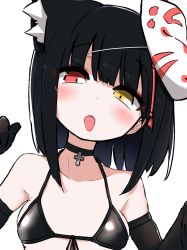 Rule 34 | 1girl, animal ear fluff, animal ears, bikini, black bikini, black choker, black gloves, black hair, blush, breasts, cat ears, choker, close-up, cross, elbow gloves, fox mask, gloves, heterochromia, highres, kuchinashi (not on shana), looking at viewer, mask, mask on head, not on shana, open mouth, original, short hair, simple background, small breasts, solo, swimsuit, tongue, tongue out, upper body, white background