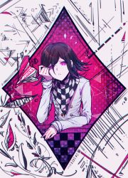 Rule 34 | 1boy, black hair, buttons, checkered clothes, checkered floor, checkered neckwear, checkered scarf, commentary request, danganronpa (series), danganronpa v3: killing harmony, double-breasted, frown, goto (sep), hair between eyes, hand up, highres, jacket, long sleeves, looking at viewer, looking back, male focus, multicolored hair, oma kokichi, purple eyes, purple hair, scarf, solo, star (symbol), star print, two-tone hair, upper body, white jacket