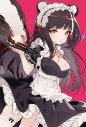 Rule 34 | 1girl, aka kan, animal ear fluff, animal ears, apron, azur lane, bell, black hair, blush, breasts, cake, commentary request, dress, food, frills, fruit, garter straps, hair ornament, highres, holding, holding tray, large breasts, long hair, long tail, looking at viewer, looking back, maid, maid apron, maid headdress, multicolored hair, naganami (azur lane), naganami (long waves of happiness) (azur lane), neck ribbon, puffy sleeves, red background, red eyes, ribbon, short sleeves, skunk ears, skunk tail, solo, strawberry, tail, thighhighs, tray, waitress, white hair