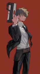 Rule 34 | 1boy, aoi (yooo009), black jacket, black necktie, black pants, blonde hair, closed mouth, collared shirt, cowboy shot, finger on trigger, formal, from side, gun, hand up, highres, holding, holding gun, holding weapon, holster, inukai sumiharu, jacket, light smile, long sleeves, male focus, necktie, pants, profile, red background, shirt, short hair, simple background, solo, standing, suit, uniform, weapon, white shirt, world trigger