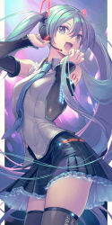 Rule 34 | 1girl, armpit crease, backlighting, bare shoulders, black skirt, black thighhighs, blue background, blue eyes, blue hair, blue nails, blue necktie, border, breasts, character name, clenched hands, collared shirt, contrapposto, cowboy shot, dark background, detached sleeves, eyelashes, eyes visible through hair, fingernails, floating hair, frilled skirt, frills, gradient background, grey shirt, hair between eyes, hands on own face, hands up, happy, hatsune miku, hatsune miku (vocaloid4), headphones, highres, holding, holding own hair, kaito (k4itoh), legs together, lens flare, light, long hair, looking at viewer, microphone, nail polish, necktie, number tattoo, open mouth, outside border, pillarboxed, pleated skirt, purple background, shirt, shoulder tattoo, sidelocks, skindentation, skirt, sleeveless, sleeveless shirt, small breasts, smile, solo, spotlight, stage lights, straight hair, tareme, tattoo, thighhighs, thighs, twintails, upper body, very long hair, vocaloid, white border, zettai ryouiki