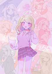 Rule 34 | 1girl, :d, ahoge, akamatsu kaede, bag, blonde hair, blush, breasts, collar, collared shirt, commentary request, danganronpa (series), danganronpa v3: killing harmony, eighth note, fortissimo, hair ornament, highres, holding, long hair, long sleeves, looking at viewer, multiple views, musical note, musical note hair ornament, necktie, open mouth, pleated skirt, purple eyes, school uniform, shirt, simple background, skirt, smile, standing, sweater vest, zang li