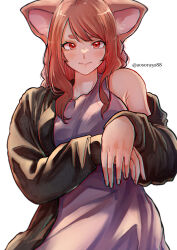 Rule 34 | 1girl, animal ears, aosora2823, armpit crease, black jacket, blush, brown hair, dress, fox ears, grey dress, highres, jacket, looking at viewer, original, own hands together, red eyes, simple background, single bare shoulder, smile, solo, twitter username, white background