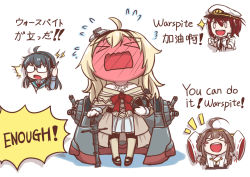 Rule 34 | &gt; &lt;, 10s, 4girls, ahoge, black footwear, blonde hair, blush, blush stickers, chibi, chinese text, commentary, corset, dress, embarrassed, english text, closed eyes, female admiral (kancolle), full-face blush, glasses, globus cruciger, hands in opposite sleeves, hat, headset, kantai collection, kongou (kancolle), lightning bolt symbol, long hair, long sleeves, machinery, mary janes, military, military hat, military uniform, multiple girls, naval uniform, off-shoulder dress, off shoulder, ooyodo (kancolle), opaque glasses, open mouth, peaked cap, pin.s, scepter, shoes, short hair, simple background, sleeves past wrists, smile, sparkle, standing, translation request, uniform, warspite (kancolle), white background, white dress