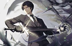 Rule 34 | 1boy, asdf (rokiru08), black eyes, black fire, black gloves, black hair, black jacket, black necktie, collared shirt, fire, gloves, grin, highres, holding, holding sword, holding weapon, jacket, library of ruina, male focus, necktie, parted bangs, parted lips, portal (object), project moon, roland (project moon), shirt, smile, solo, sword, upper body, weapon, white shirt