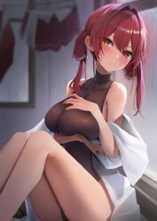 Rule 34 | 1girl, :/, absurdres, amane sora, bare shoulders, blush, breasts, heterochromia, highleg, highleg leotard, highres, hololive, houshou marine, large breasts, leotard, long hair, looking at viewer, red eyes, red hair, solo, sweat, thighs, twintails, virtual youtuber, yellow eyes