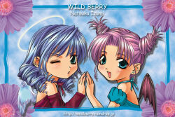 2girls :o angel angel_wings artist_name blue_background blue_border blue_dress blue_hair blue_sky border cloud cloudy_sky commentary_request curly_hair detached_sleeves double_bun dress earrings feathered_wings flower from_side green_eyes hair_bun halo hand_up holding_hands inset_border izumi_natsuka jewelry long_hair looking_at_viewer multiple_girls neck_ribbon off-shoulder_dress off_shoulder one_eye_closed open_mouth original pink_hair pointy_ears puffy_sleeves purple_dress purple_flower purple_wings ribbon ringlets sidelocks sky symmetry upper_body white_halo white_wings wings