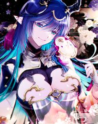 Rule 34 | 1girl, artist request, black hair, breast cutout, breasts, cleavage, cleavage cutout, clothing cutout, colored inner hair, detached sleeves, dragon girl, dragon horns, draph, dress, fingerless gloves, floral background, gloves, gradient hair, granblue fantasy, green eyes, green hair, hair ornament, highres, horn ornament, horns, large breasts, leotard, long hair, looking at viewer, mole, mole under mouth, multicolored eyes, multicolored hair, navel cutout, night, payila (granblue fantasy), pelvic curtain, pointy ears, red eyes, see-through, see-through dress, solo, stomach cutout, tassel, tassel hair ornament, tuanshan, two-tone eyes, two-tone hair, very long hair, white gloves