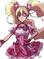 Rule 34 | 1girl, blonde hair, choker, commentary request, cure peach, dress, earrings, eyelashes, fpminnie1, fresh precure!, hair ornament, happy, heart, heart earrings, heart hair ornament, highres, jewelry, long hair, looking at viewer, magical girl, momozono love, one eye closed, pink dress, pink eyes, pink ribbon, precure, puffy short sleeves, puffy sleeves, ribbon, short sleeves, simple background, sketch, smile, solo, standing, twintails, white background