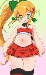 Rule 34 | 1girl, bare shoulders, blonde hair, boots, breasts, cowboy shot, female focus, gradient background, green eyes, hair ornament, happy, layered skirt, legs together, long hair, looking at viewer, mega man (series), midriff, navel, pleated skirt, ponytail, red footwear, red skirt, roll (mega man), side ponytail, simple background, skirt, small breasts, smile, solo, standing, tagme, tau (tau 2017), thigh gap, thighhighs, very long hair