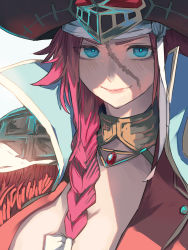 Rule 34 | 1girl, braid, breasts, choker, cleavage, closed mouth, fate/extra, fate/grand order, fate (series), francis drake (fate), francis drake (third ascension) (fate), gem, green eyes, hat, high collar, large breasts, pink hair, pirate, pirate hat, sawarakajin, scar, scar on face, single braid, smile