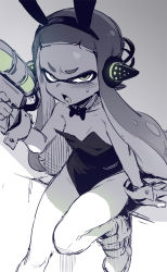 Rule 34 | 1girl, animal ears, bare shoulders, blush, bow, bowtie, collarbone, fake animal ears, fang, glowing, green eyes, hairband, headgear, holding, holding weapon, inkling, inkling girl, inkling player character, leotard, long hair, looking at viewer, nintendo, open mouth, playboy bunny, rabbit ears, shoes, short eyebrows, solo, splatoon (series), sweat, tentacle hair, ter (otokoter), thick eyebrows, v-shaped eyebrows, very long hair, weapon, wrist cuffs