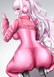 Rule 34 | 1girl, :d, alice (nikke), ass, blush, bodysuit, breasts, cropped jacket, from behind, gloves, goddess of victory: nikke, headset, highres, impossible bodysuit, impossible clothes, jacket, large breasts, latex, latex bodysuit, long hair, looking at viewer, looking back, open mouth, pantylines, pink bodysuit, pink eyes, pink gloves, pink hair, pink jacket, puffy sleeves, rabbit pose, shoes, sidelocks, skin tight, sleeves past wrists, smile, sneakers, solo, squatting, twintails, two-tone gloves, white footwear, white gloves, yutakafugu tetoro