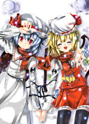 Rule 34 | 2girls, black legwear, blonde hair, blue hair, blush, brooch, closed eyes, dress, female focus, flandre scarlet, foreshortening, hand on forehead, hat, hat ribbon, holding hands, jewelry, looking at viewer, mob cap, multiple girls, outstretched arm, outstretched hand, red eyes, remilia scarlet, ribbon, scarf, shared clothes, shared scarf, sho (runatic moon), short hair, siblings, sisters, smile, snow, snowing, thighhighs, touhou, white hat, wings, zettai ryouiki