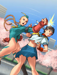 Rule 34 | 2girls, :o, ^^^, ahoge, armband, armor, armpits, ass, attack, battle, black footwear, black hair, blonde hair, blue eyes, blue skirt, blue sky, boots, braid, breasts, brown hair, building, cammy white, capcom, cherry blossoms, clenched hand, clenched teeth, closed eyes, crop top, crop top overhang, day, dutch angle, face punch, facial scar, fighting, fingerless gloves, floating hair, from side, garrison cap, gauntlets, gloves, grass, hair tubes, hat, headband, highleg, highleg leotard, huge ahoge, in the face, kasugano sakura, knee boots, leaning back, legs apart, leotard, lightning bolt symbol, long hair, long sleeves, looking at another, looking back, md5 mismatch, medium breasts, midriff, military, military uniform, miniskirt, motion lines, multiple girls, muscular, nail polish, narrow waist, navel, neckerchief, necktie, omar dogan, one-piece thong, open mouth, outdoors, outstretched arm, pink nails, pleated skirt, profile, puffy short sleeves, puffy sleeves, punching, resized, ribbed leotard, ribbon, road, scar, scar on cheek, scar on face, school uniform, serafuku, shirt, short hair, short necktie, short sleeves, shoulder pads, skin tight, skirt, sky, skyscraper, small breasts, standing, street, street fighter, tattoo, teeth, thong, thong leotard, tomboy, tree, turtleneck, twin braids, udon entertainment, uniform, white shirt, wince, wrist guards, yellow neckerchief