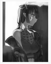 Rule 34 | 1girl, absurdres, blunt bangs, border, breasts, cleavage, closed mouth, crop top, demon girl, demon horns, frikulu, greyscale, heart, heart print, highres, horns, jacket, kojo anna, kojo anna (1st costume), long hair, looking afar, medium breasts, monochrome, nanashi inc., off shoulder, open clothes, open jacket, pointy ears, print shirt, see-through, see-through cleavage, see-through shirt, shirt, sleeveless, sleeveless shirt, smile, solo, twintails, upper body, virtual youtuber