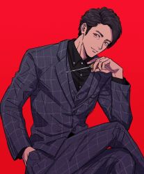 Rule 34 | 1boy, black hair, black shirt, blue jacket, blue pants, blue suit, closed mouth, collared shirt, cowboy shot, dress shirt, formal, hand in pocket, highres, holding, holding weapon, ice pick, jacket, crossed legs, looking at viewer, lost judgment, male focus, pants, red background, red eyes, shirt, short hair, simple background, sitting, smile, solo, souma kazuki, suit, weapon, yakumo (ykm)