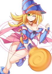 Rule 34 | 1girl, ;), bare legs, bare shoulders, blonde hair, blue footwear, boots, breasts, dark magician girl, duel monster, female focus, green eyes, hat, highres, large breasts, legs, long hair, magical girl, one eye closed, skirt, smile, solo, transistor, wand, wink, witch hat, wizard hat, yu-gi-oh!, yuu-gi-ou, yu-gi-oh! duel monsters