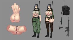 Rule 34 | 1girl, anus, ass, backpack, bag, belt, boots, breasts, censored, gun, highres, jin yi dui, knife, large breasts, leg strap, crop top, military, military uniform, pants, pouch, pubic hair, pussy, thighhighs, thong, underboob, uniform, weapon