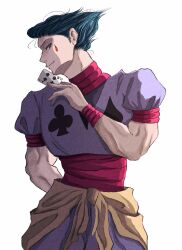Rule 34 | 1boy, alternate hair color, blue hair, card, club (shape), cowboy shot, facepaint, highres, hisoka morow, holding, holding card, hunter x hunter, looking at viewer, male focus, profile, short hair, simple background, smile, solo, spade (shape), tanu o, teardrop facial mark, teardrop tattoo, white background, wristband