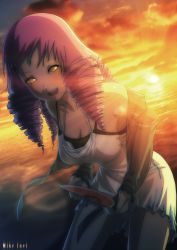 Rule 34 | 10s, 1girl, absurdres, artbook, breasts, cleavage, commentary, dress, drill hair, food, fruit, hair ornament, hairclip, highres, jpeg artifacts, katawa shoujo, large breasts, mikado shiina, mike inel, ocean, off shoulder, official art, pink hair, quad tails, solo, sunset, watermelon, white dress, yellow eyes